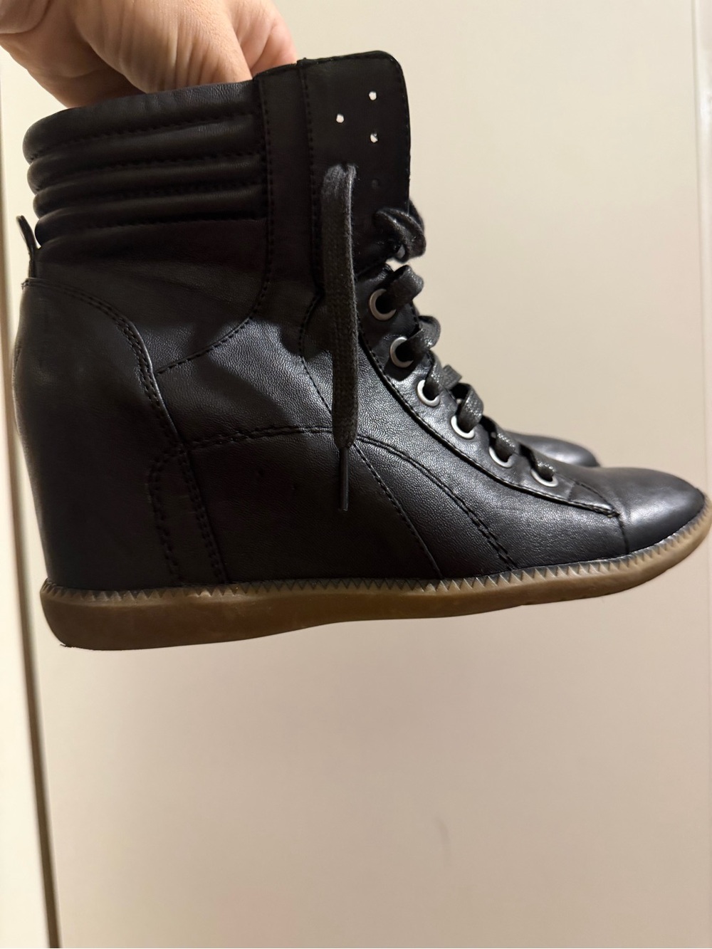 Black Leather Wedge Sneaker Boots - Women